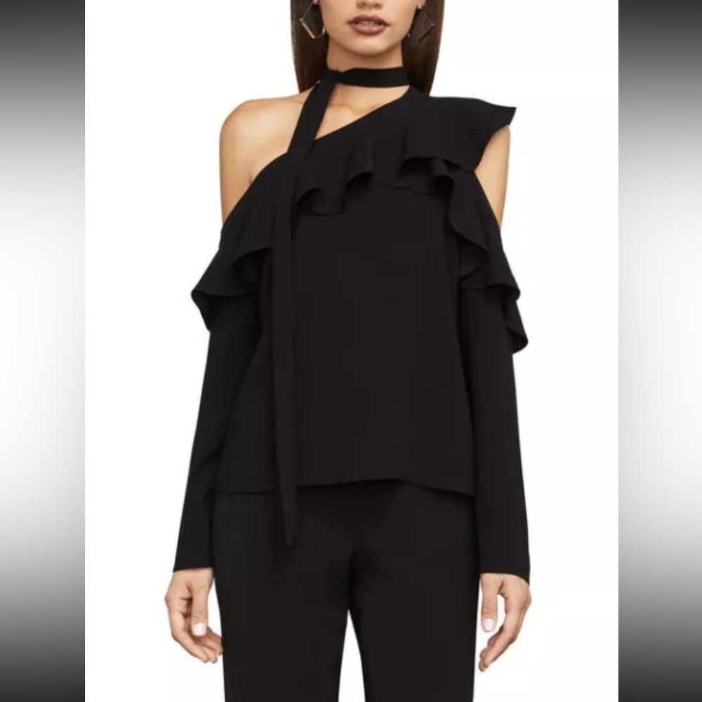 BCBG Max Azria Brand New Black One-Shoulder Ruffle Top, Size S, Without Tags